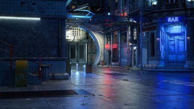 3D illustration of a dark futuristic urban street scene at night in a seedy cyberpunk city. clipart