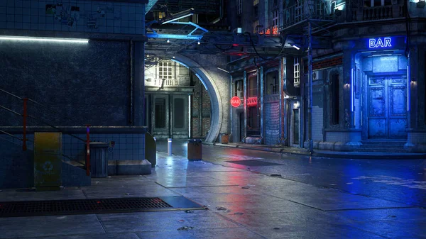 Illustration Dark Futuristic Urban Street Scene Night Seedy Cyberpunk City — Stock Photo, Image