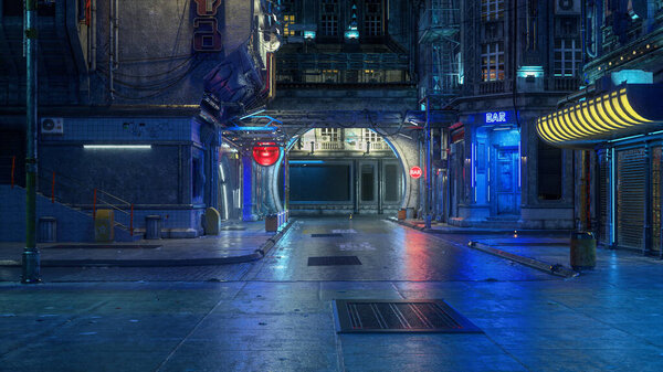 3D rendering of a wide wet evening scene in a downtown street of a futuristic cyberpunk city.