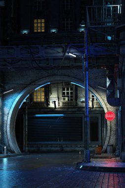 Akşamları kasvetli karanlık gelecekçi şehir sokağı. Gerçekçi 3D portre biçimi ve kopyalama alanı..