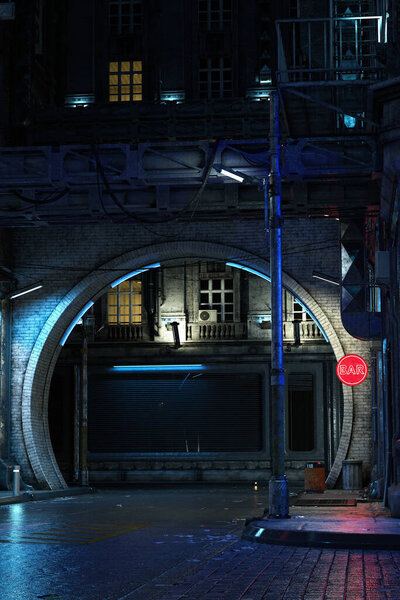 Мрачная темная футуристическая улица города ночью, реалистичная 3D рендеринг в портретном формате с копировальным пространством.