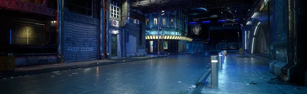 Gelecekteki bir siber punk şehrinde kasvetli karanlık şehir gece sahnesi. Geniş panoramik 3B görüntüleme.
