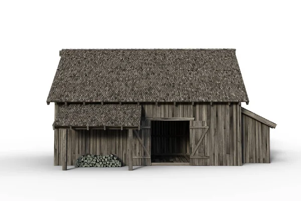 Визуализация Стороны Старого Серого Деревянного Амбара Открытыми Дверями Белом Фоне — стоковое фото
