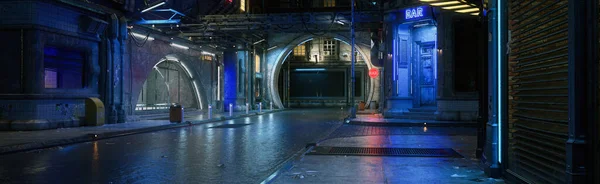 Panorama Illustration Einer Düsteren Launischen Innenstadt Cyberpunk City Street — Stockfoto