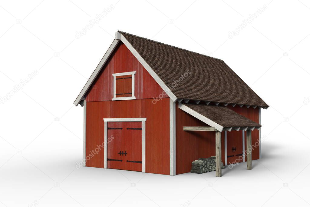 3D illustration of a red wooden barn isolated on a white background.