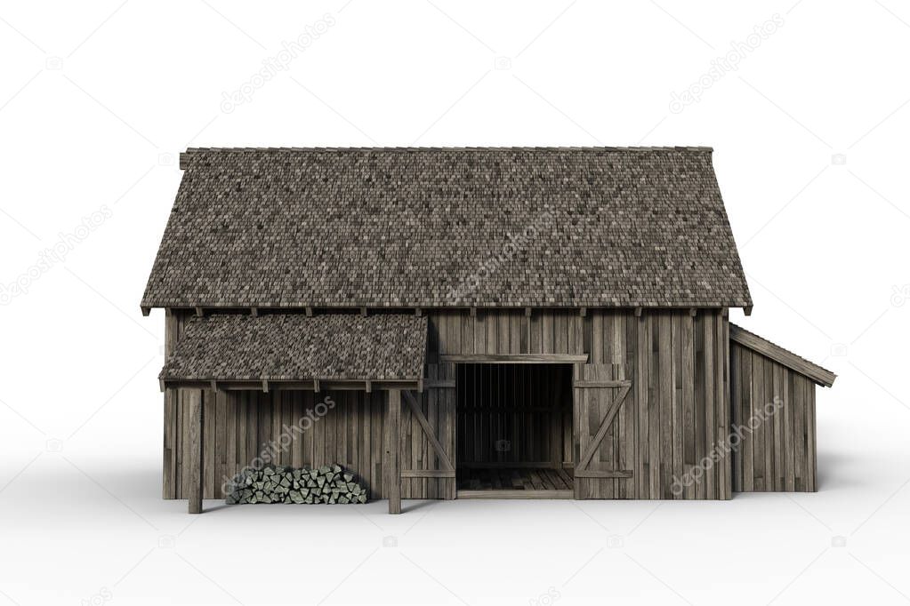 3D rendering of the side of an old grey wooden barn with open doors isolated on a white background.