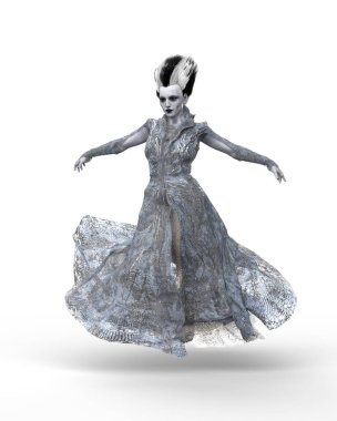 Beyaz arka planda izole bir şekilde atlayan 3 boyutlu bir canavar gelin tasviri.