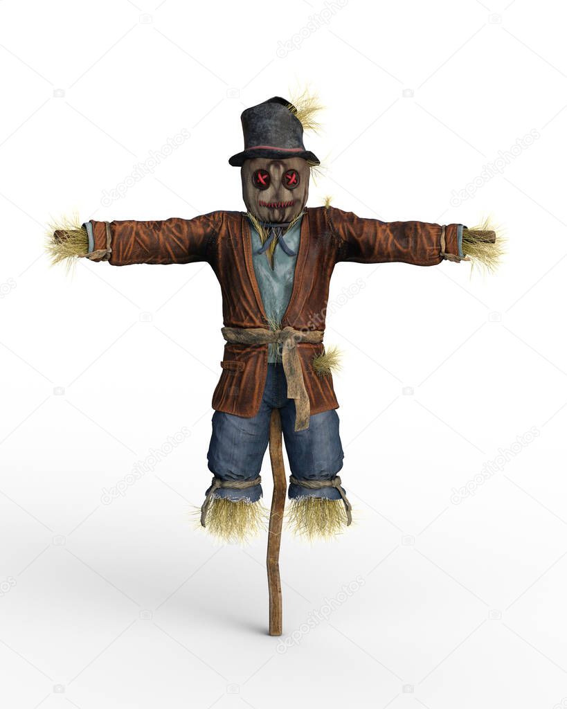 3D illustration of a straw filled scarecrow on a wooden stake isolated on a white background.