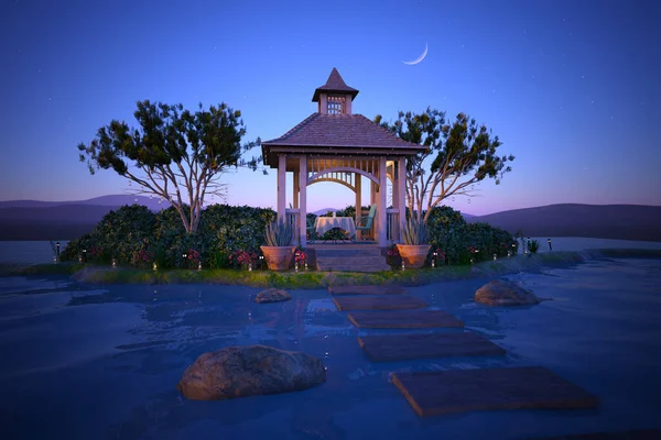 Gazebo Met Een Eettafel Voor Een Romantisch Avondmaal Een Tuin — Stockfoto