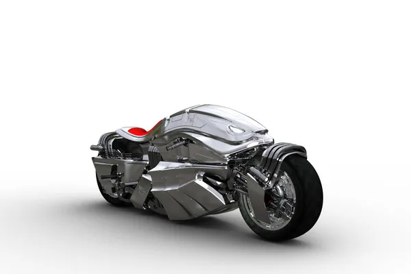 Motocicleta Futurista Estilo Cyberpunk Plateado Ilustración Aislada Sobre Fondo Blanco —  Fotos de Stock