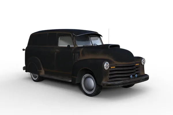 Een Oude Zwarte Retro Amerikaanse Bestelwagen Illustratie Geïsoleerd Een Witte — Stockfoto