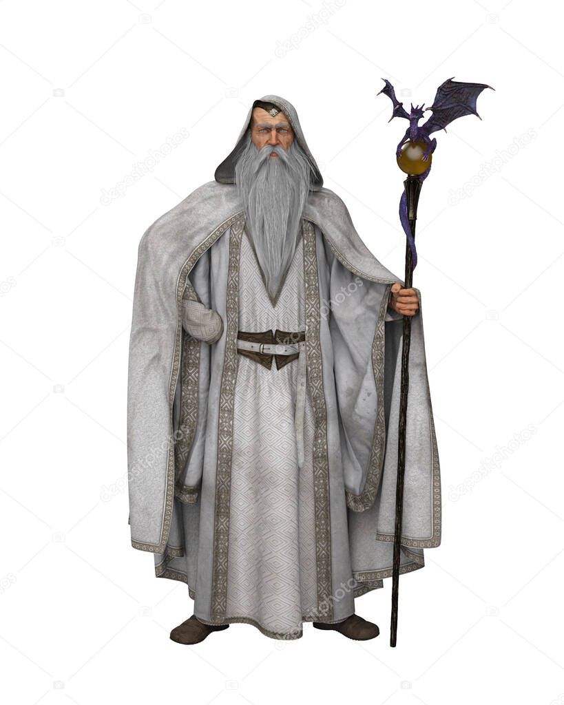 Old wizard with long beard and white robes standing with his magic staff. 3D illustration isolated on a white background.