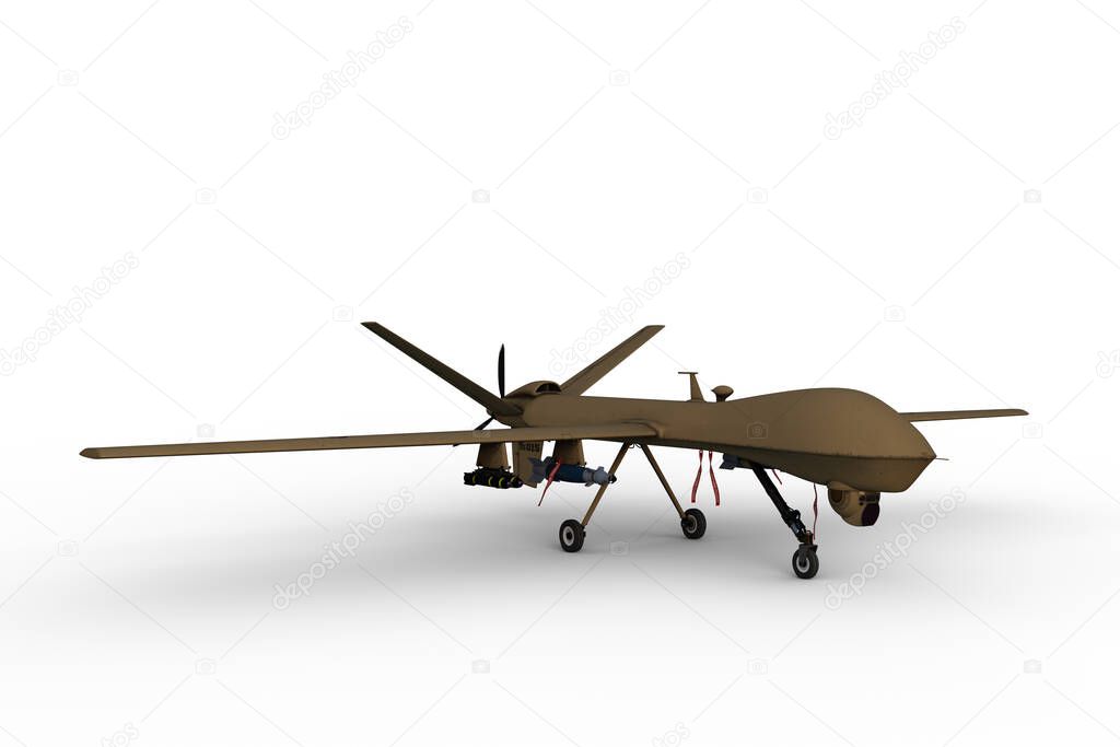3D illustration of a green military drone aircraft on the ground isolated on a white background.