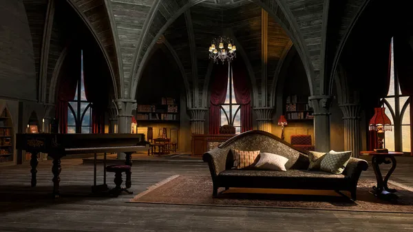 Ein Gotisches Bogenzimmer Mit Kleinem Flügel Und Sofa Beleuchtet Von — Stockfoto