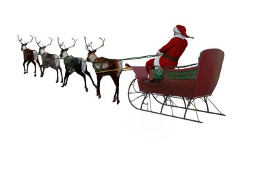 Noel Baba 'nın Noel arifesinde ren geyikleri tarafından çekilen kızağıyla uçtuğunu gösteren üç boyutlu bir resim..