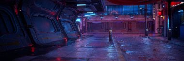 Wide panoramic 3D rendering of a dark moody futuristic cyberpunk concept street. clipart