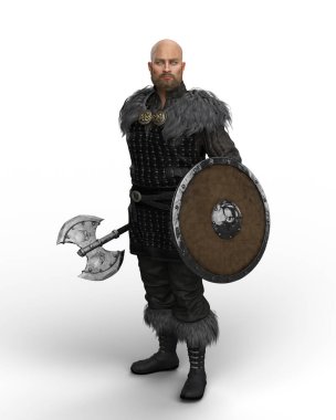 Viking savaşçısı elinde çift başlı balta ve kalkanla ayakta duruyor. Beyaz arkaplanda izole edilmiş 3B illüstrasyon.