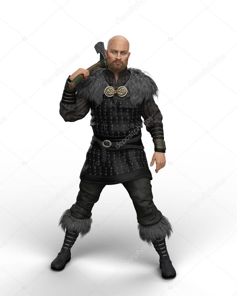 Viking warrior man standing with axe resting on his shoulder. 3D illustration isolated on a white background.