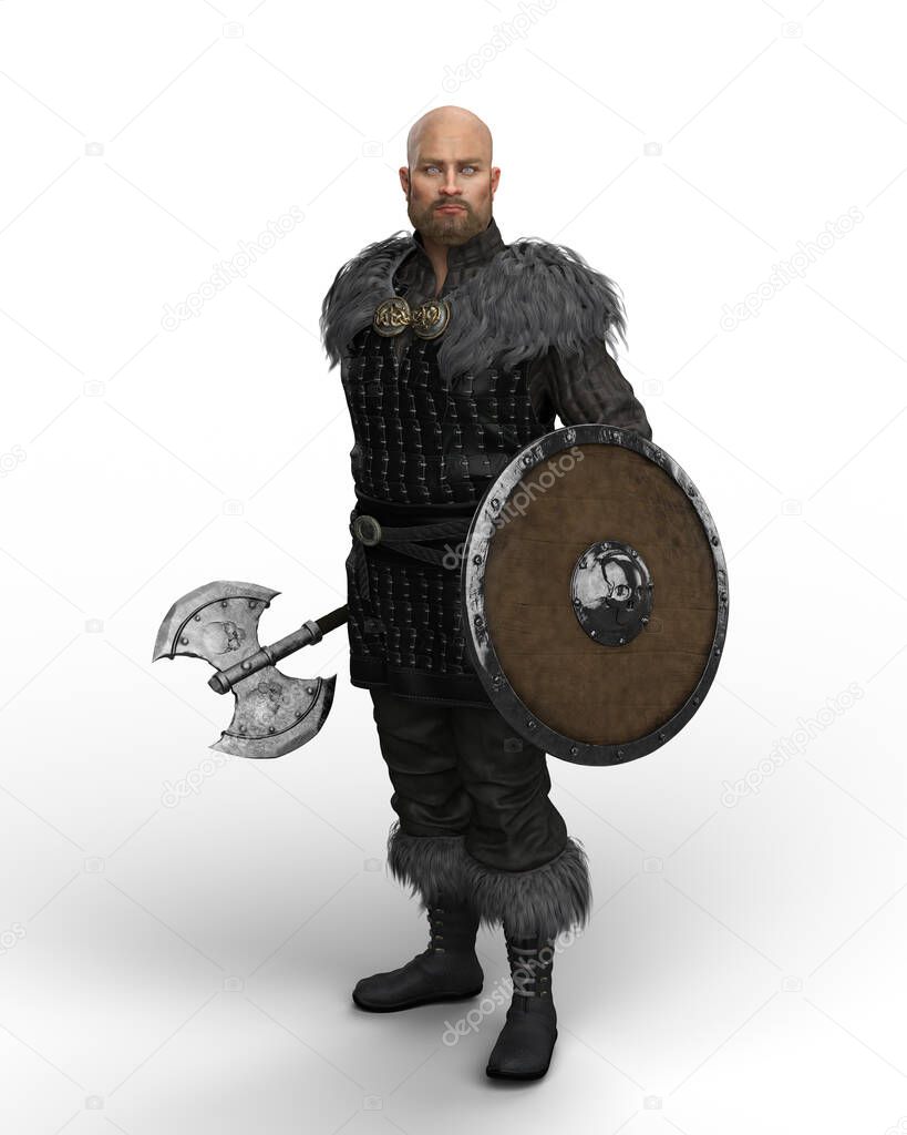 Viking warrior man standing with a double headed axe and a shield. 3D illustration isolated on a white background.