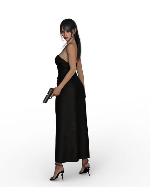 Beautiful Dark Haired Assassin Woman Standing Sexy Dress Gun Looking — Stock Photo, Image