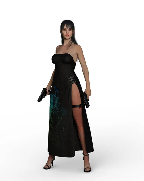 Beautiful Dark Haired Assassin Woman Standing Sexy Dress Guns Each — Stock Photo, Image