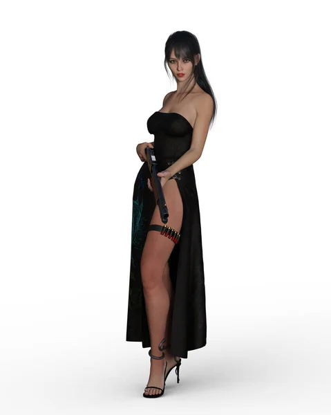 Representación Una Hermosa Joven Vestida Negro Sosteniendo Una Escopeta Aislada — Foto de Stock