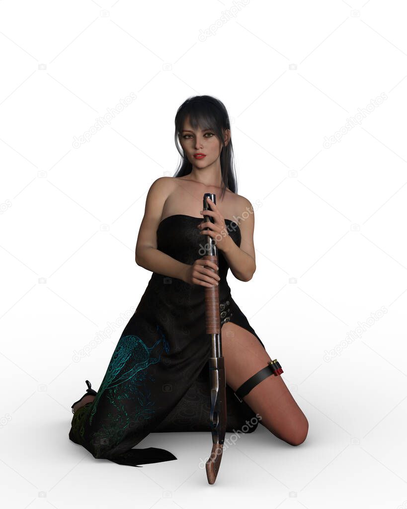 Beautiful woman kneeling on the ground in a sexy black dress holding a shotgun. 3D illustration isolated on a white background.