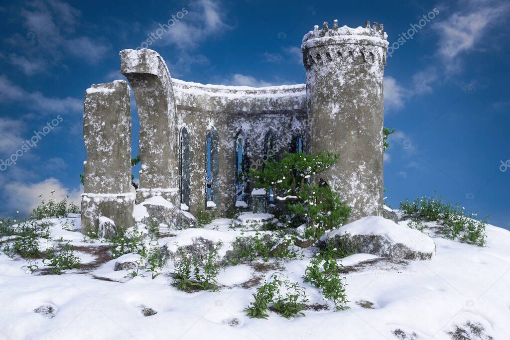 3D illustration of an old ruined medieval castle on a hill in a snow covered winter landscape with blue sky.