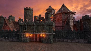 Akşamları kapısında meşaleler olan bir ortaçağ şatosunun 3 boyutlu çizimi.