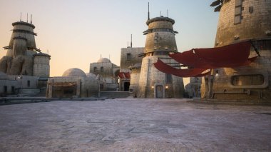 Hayali bir gezegendeki yabancı bir karakolun 3 boyutlu çizimi. Gelecekçi bilim kurgu mu yoksa uzay fantazisi mi?.