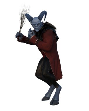 Avrupa folklorunda Noel 'de yaramaz çocukları cezalandıran Krampus iblisi. Beyaz arkaplanda izole edilmiş 3B illüstrasyon.