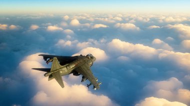 Rear view 3D illustration of a military fighter jet airplane flying high above the clouds.
