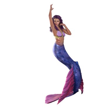 Beautiful and sexy fantasy mermaid girl with purple hair. 3D rendering isolated on a white background.