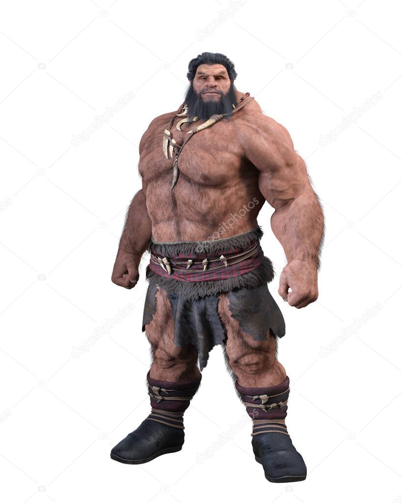 Large fantasy giant man with beard standing in a loincloth and boots. 3D illustration isolated on a white background.