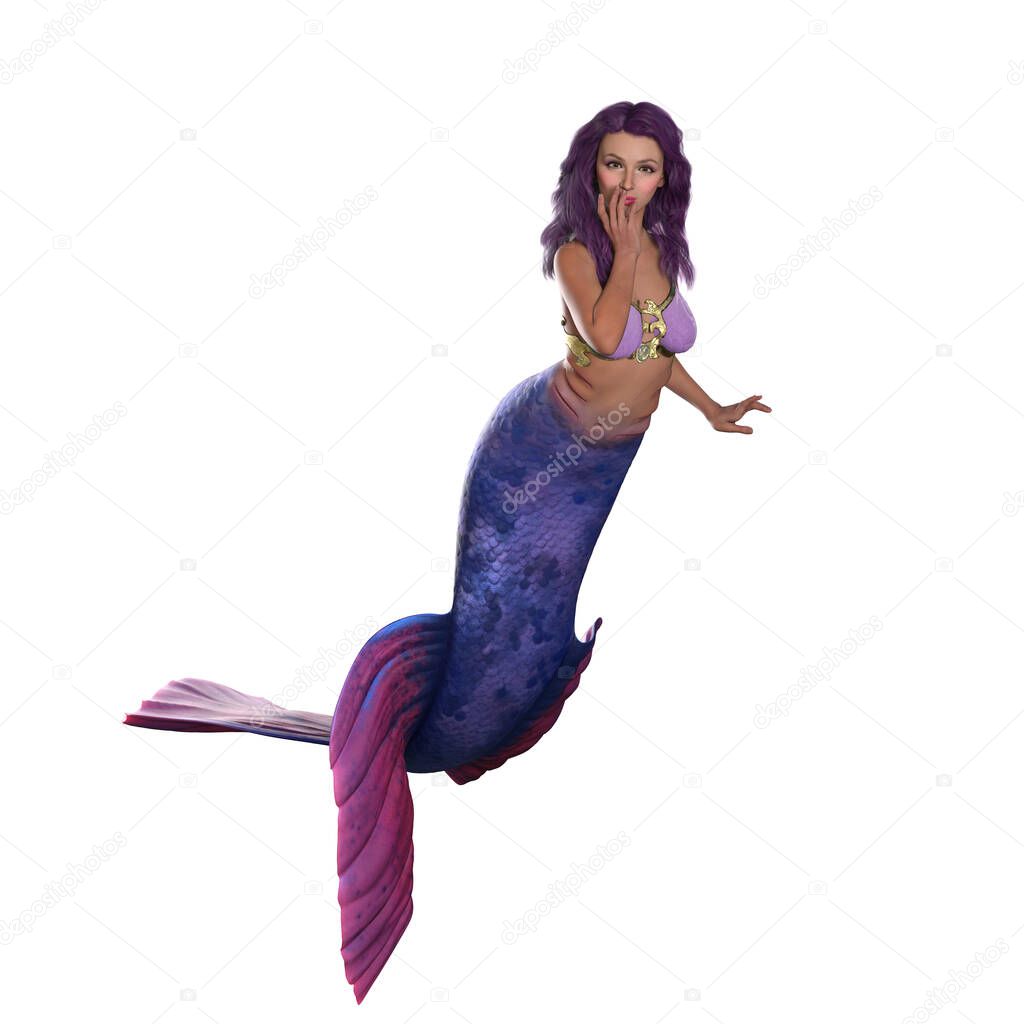 Beautiful mythical mermaid girl with caucasian skin and purple hair. 3D illustration isolated on a white background.