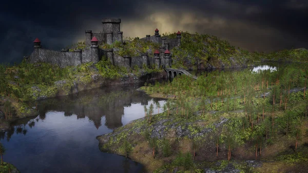 Cena Paisagem Ampla Com Castelo Medieval Uma Colina Perto Rio — Fotografia de Stock