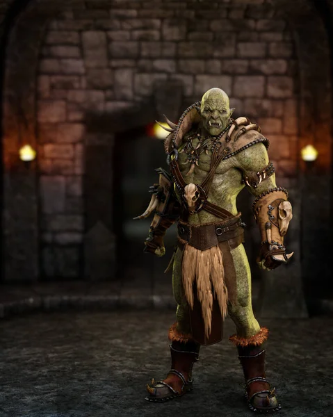 Full length portrait of an Orc fantasy creature standing in aggresive pose in a dark dungeon with torch flames on the wall in the background. 3D illustration.