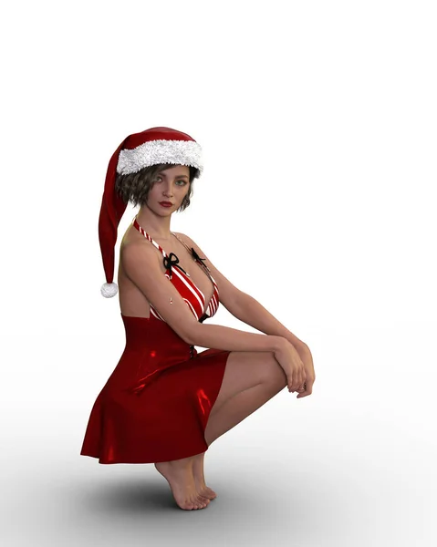 Beautiful Young Bare Foot Woman Crouching Red Dress Christmas Hat — Stockfoto