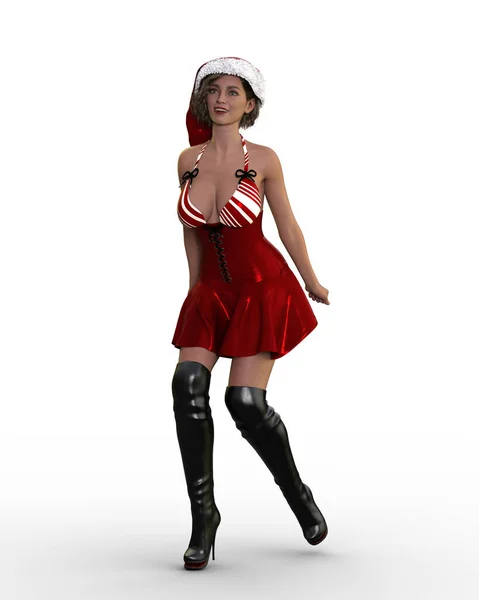 Piękna Szczęśliwa Młoda Kobieta Czerwonej Sukience Santa Kapelusz Taniec Boże — Zdjęcie stockowe