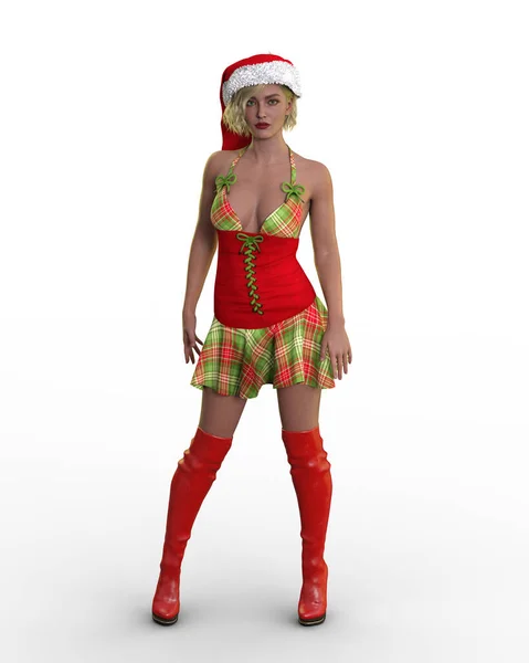 Irendering Gorgeous Blonde Girl Red Green Christmas Outfit Long Boots — 图库照片