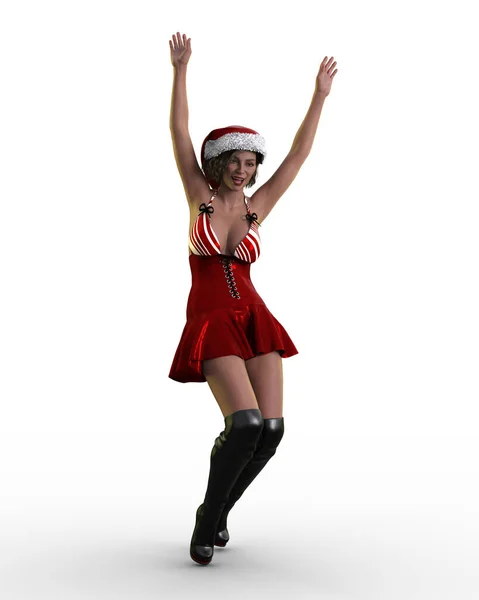 Rendering Beautiful Happy Young Woman Red Dress Santa Hat Dancing — Fotografia de Stock