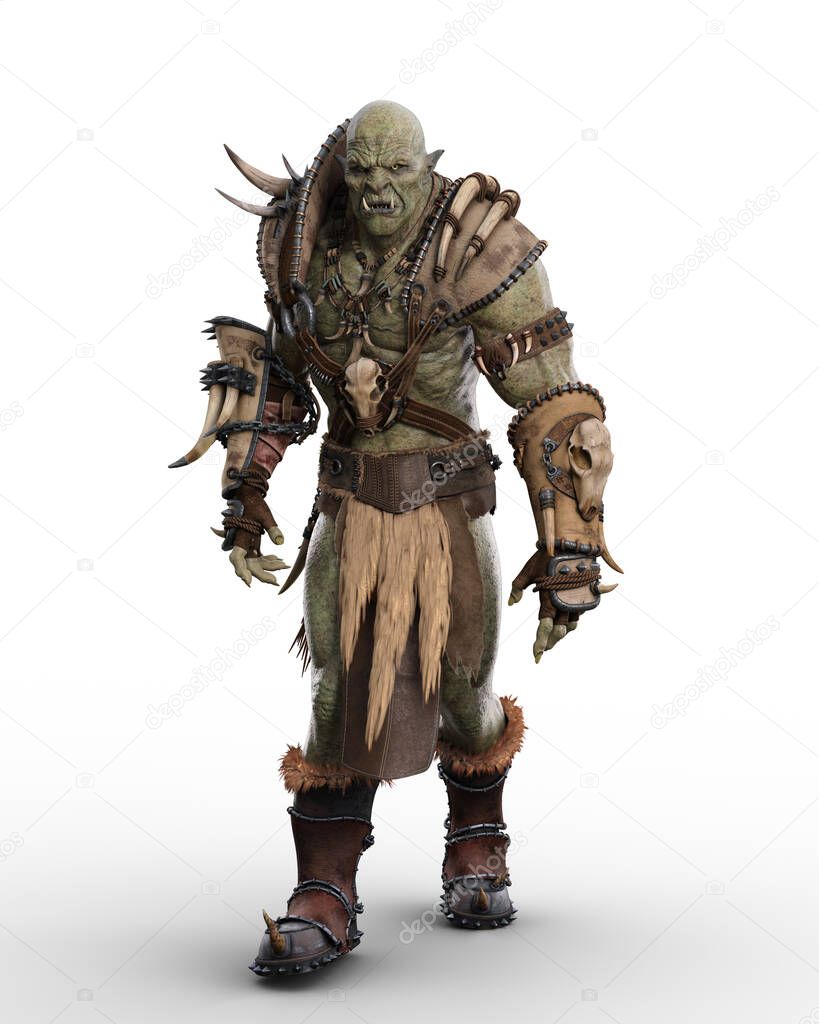 Fantasy warrior Orc character wearing barbarian costume in walking pose. 3D rendering isolated on white.