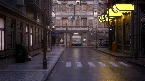 Empty Downtown City Street Dark Moody Noir Style Atmosphere Illustration — Stock Fotó