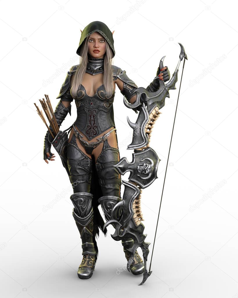 Beautiful fantasy elf archer warrior woman standing in armour and hooded cloak holding a bow. 3D rendering portrait isolated on white.