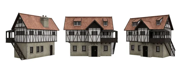 Středověký Dřevěný Domek Schody Straně Ilustrace Různými Úhly Izolované Bílém — Stock fotografie