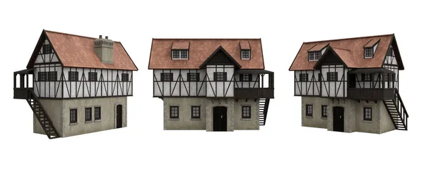 Medieval Half Timber House Stairs Side Illustration Different Angles Isolated — стоковое фото