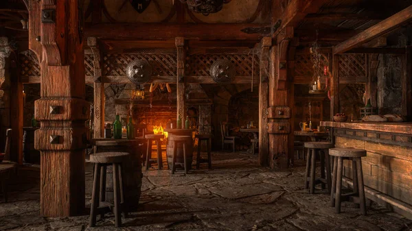 Moody Medieval Tavern Inn Bar Interior Lit Daylight Window Shield — Zdjęcie stockowe