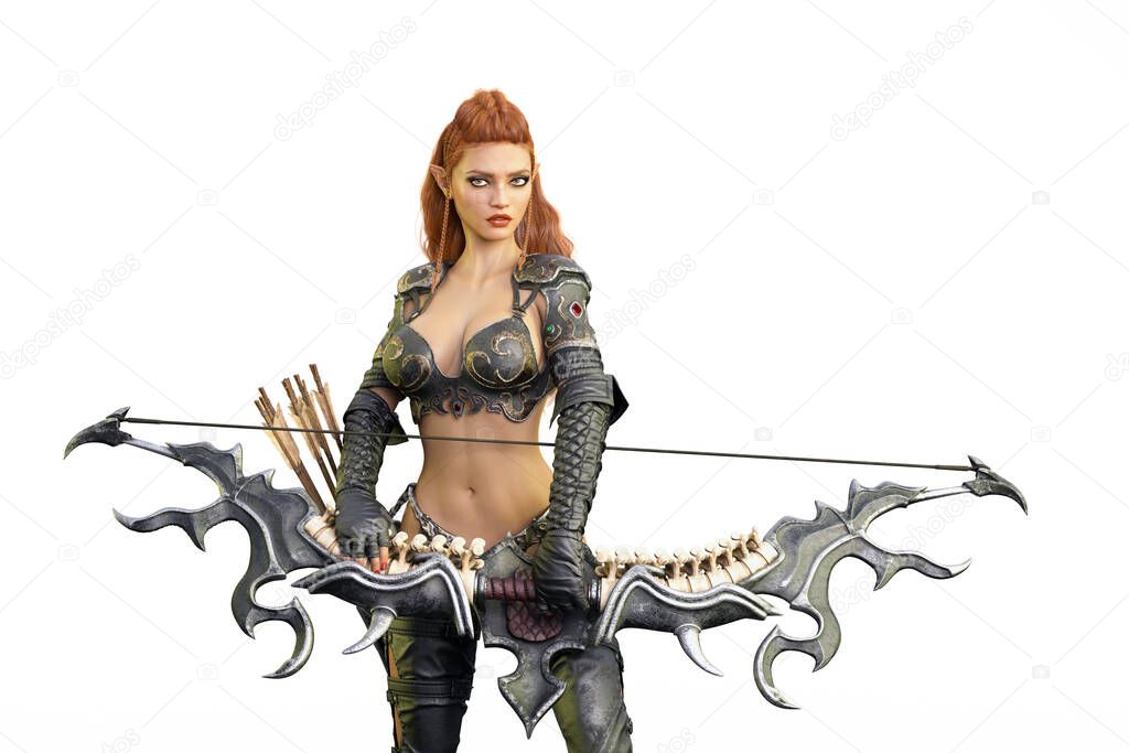 Gorgeous young elf woman wearing a sexy elven archer costume with bare midriff and holding an ornate archery bow. 3D illustration isolated on white. 