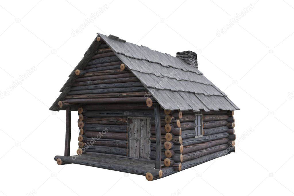 3D rendering of a wooden log cabin isolated on a white background.