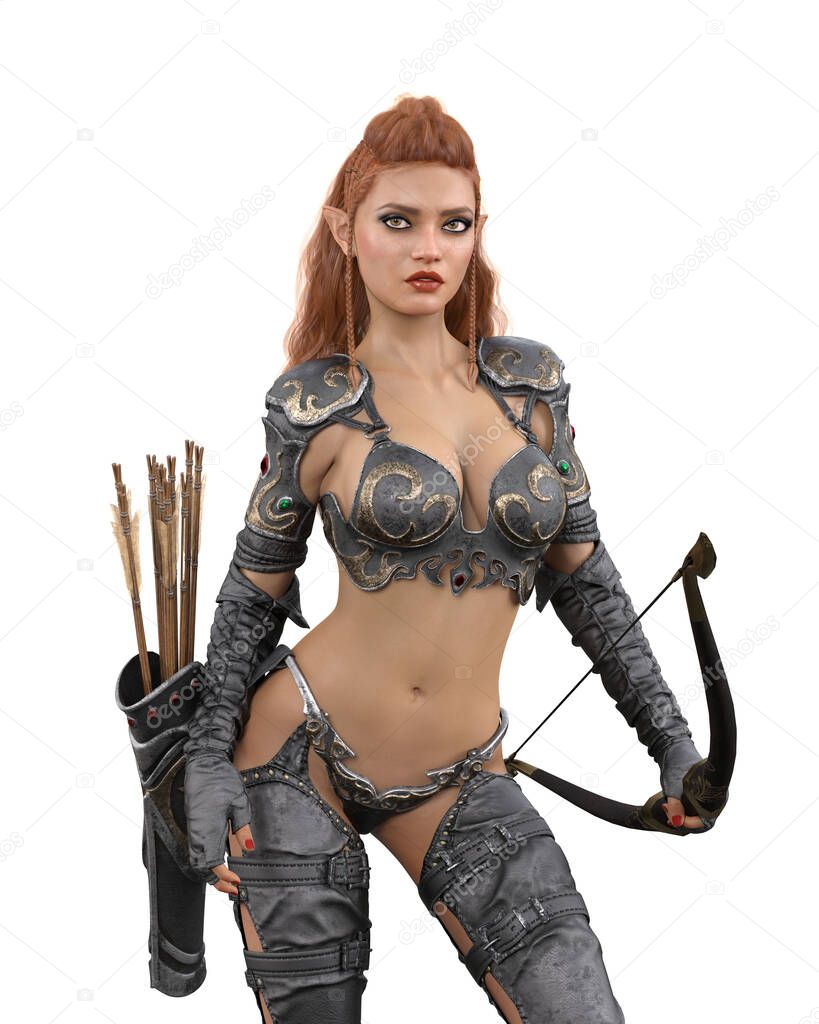 Beautiful redhead fantasy elf woman archer holding a bow with arrows in a quiver on her hip. 3D rendering isolated on white.